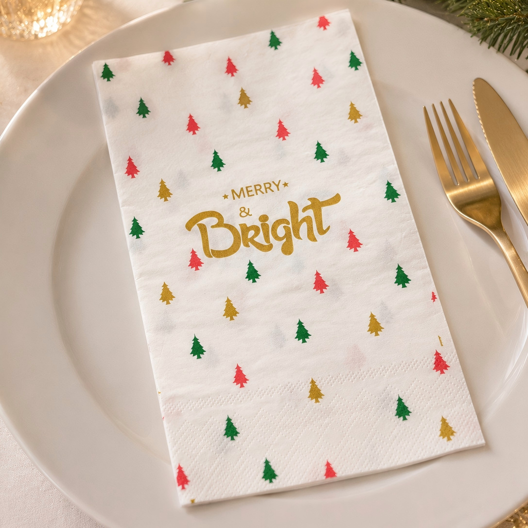 Guardanapos de jantar descartáveis ​​com impressão em ouro alegre e brilhante para configuração de mesa de festa de Natal